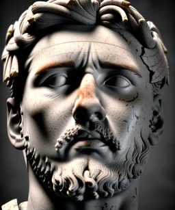 Ultra Realistic image, roman sculpture, marble deluxe material, Lionel Messi, Laurel leaves crown model, miguel angel style, chisel style, emperador, waist up portrait, cinematic lighting, God light, god rays, 4k resolution, smooth details, ornate details, soft lighting, unreal engine 5, sky background.