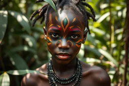 African youth with striking tribal makeup, inspired by Harlem Renaissance, ancestral roots, bold patterns. Tribal body painting, young, posing in the jungle. 8K, Shot with Canon EOS 6D and RF24-105mm F4 L IS USM (50mm) lens. F14AE, 1/25 second, +1EV, multi-segment, ISO100