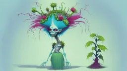 Partially skeletonized troll doll in ceremonial dress for getting married with plants growing from the top of her head; Alex Pardee; surrealism