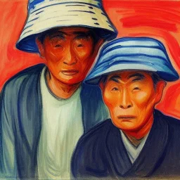 Portrait of OLd japanese Fishermen wearing bucket hat by edvard munch 8k