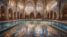 Superb pictorial multicoloured mosaic floor, walls with pictures of bathers and swimmers, swimming pool, water feature, cathedral style high ceiling, relaxation, luxury, dream world, calm beauty, symmetry, fantasy world, magic, beautiful composition, exquisite detail, 135mm lens, adjust perspective, chiaroscuro, dynamic lighting