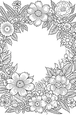 black and white beautiful thin frame made out of flowers for coloring pages, use a lot of big flowers in the frame, go all the way to the edges for the frame and leave a lot of space in the middle of the page, use only black and white, clear crisp outlines, no black background, go all the way to the outer edges of the page, use more space in the center of the page, make it rounder, use less shading, use more space in the center of the page, widen the frame, open up frame, more flower