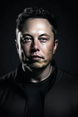 Portrait of Elon musk, scary cyborg face, metal plate checks and forehead, one red eye