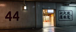background of wall(wet textured concrete, gray, old, cracked, stained, 1 wall light) from underground parking, hong kong style, a large number "44" painted on left(old faded paint), at middle is an opening into an area with asian shops, cyberpunk, to the right of opening a faded painted rectangle containing alien language for obey