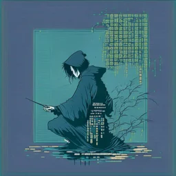 minimalistic hacker in the style of hokusai, matrix theme colors