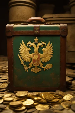 in a LARGE BASEMENT, half-buried in the earth, an ancient, worn-out, worn-out, torn-side valise peeks out, from which gold coins from the time of Catherine the Great fall out. The ancient coat of arms of Russia, the double-headed eagle, is BARELY VISIBLE on the bag. There are a lot of broken bricks and earth around the bag. All in high quality 8K