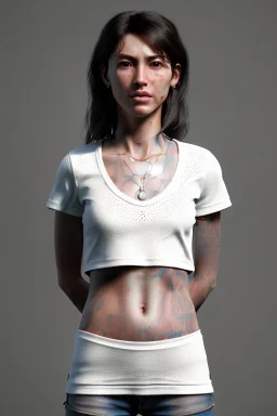 Ultra Realistic image, 25 years old brunette woman, Madrid, portrait, small stature, small chest, yakuza body tattoo, white broken cotton undershirt with holes, vibrant color, highly detailed, art stations, concept art, smooth, unreal engine 5, god rays, ray tracing, RTX, lumen lighting, ultra detail, volumetric lighting.