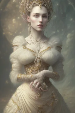beautiful and gorgerous duchess with incredible jewellery in 19th century clothing by Greg Rutkowski and Artgerm and Emile Vernon and Vladimir Volegov, in a brown dress, mystical castle background, art illustration, natural beauty, muted colors, pastels, perfect fingers, higly detailed, expressive, high detail, symmetrical, digital painting, symmetrical eyes, dynamic lighting, artstation, cinematic lighting, intricate artwork, emitting diodes, smoke, artillery, sparks, racks, system unit, mother