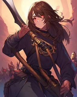 Wide brown hair, freckles on her face, a tall girl, has a battle axe, wears purple and black men's battle clothes, red eyes with bangs covering her eyes