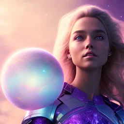 A portrait of a crystalline girl,smiling, longs blond hairs, galactic dress, atmospheric, realistic, cinematic lighting, octane render, purple and blue sky, nebula, stars, planets, spaceship