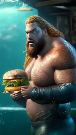 aquaman fat, eat burger, ultra realistic, 4k, ultra detail, full body
