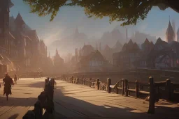 Wooden medieval fantasy docks in poor village, daytime, light shafts, adventurers, trees, bustling