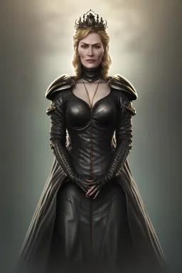 Cersei Lannister as evil queen in black leather, busty, cleavage, curvy, lena headay, angry, stern look. character design by cory loftis, fenghua zhong, ryohei hase, ismail inceoglu and ruan jia. unreal engine 5, artistic lighting, highly detailed, photorealistic, fantasy