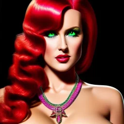 portrait in oil of young busty beautiful Red Sonja, minimal skintight latex pink dress, mystical colors, insanely detailed,insanely realistic skin,intrincate detail, 16k resolution,with big crystal clear green eyes looking to viewer, with ruby necklace by Adam hughes 16k