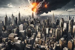 create a wildly imaginative otherworldly, chaotic destruction of New York City from a massive asteroid impact, highly detailed, digital composite, 8k,