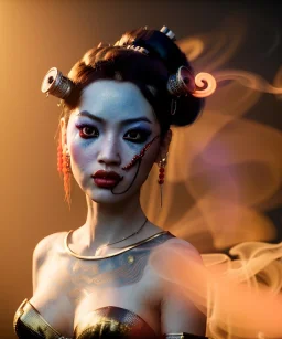 Ultra realistic, steampunk , , cabaret scene. Geisha Asian woman. smoke, happy, hot, color fog, people background, highly detailed, concept art, unreal engine 5, god rays, ray tracing, RTX, lumen lighting, ultra detail, volumetric lighting, 3d, finely drawn, high definition, high resolution.