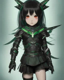 Detailed anime child girl, dark green hair, black and green dragon scale armour, intricate details, full body portrait, keep head in frame, slight smile, black Japanese motif, concept art, highly detailed, digital painting, concept art, sharp focus, illustration, art by Yoji Shinkawa, WLOP and greg rutkowski and alphonse mucha and artgerm and yanjun Chen and Junji ito and Makoto Shinkai, HDR, octane render