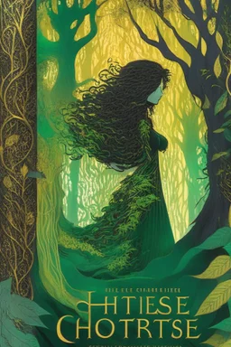 book cover, In the heart of a dense and enigmatic forest with towering ancient trees cloaked in emerald, yellow and amber foliage stands a witch possessing an ethereal allure her lustrous hair cascading in ebony waves down to her slender waist