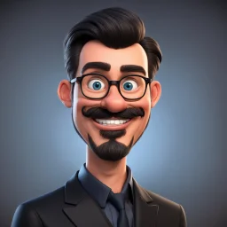 a portrait of smiling western man. 40 years old. caricature. black short hair. light skin. blue eye pupils. rectangle eyeglasses, black frame. heart face shape. extended goatee moustache. wear black formal dress. pixar style. 3D. 4k. portrait. highly detailed. sharp focus. high resolution. full color. cinema lighting