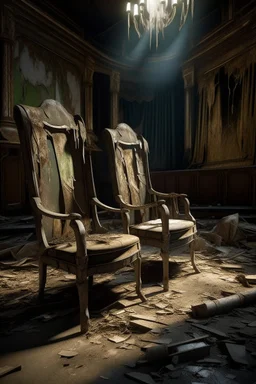 "A very old cracked dirty abandoned chairs of an abandoned theater with damaged stage and ripped curtains , ,insanely detailed octane render trending on artstation, 8k artistic photography, photorealistic concept art, soft natural volumetric cinematic perfect light, chiaroscuro, award-winning photograph, masterpiece, oil on canvas, Raphael, Caravaggio, Greg Rutkowski, people, beksinski, Giger