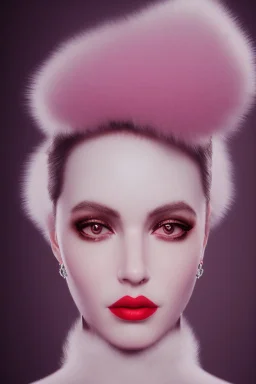 Minimalistic portrait of a beautiful woman with red lips and cold big eyes wearing earrings, a light pink fur coat in a haute couture style isolated on a dark background, cinematic lighting, ultra-realistic, shot in the style of hasselblad