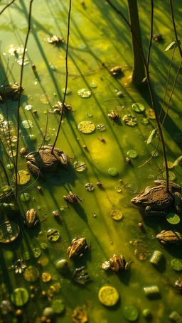 A light yellowish dark green swamp with bugs in daylight painted, frogs