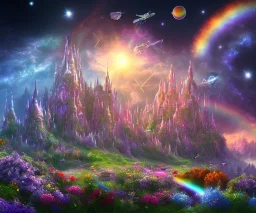 cielo cosmico insieme al mondo fantasy, astronavi tra le stelle prati pieni di fiori colorati,(arcobaleno) con un castello con piscine e cascate