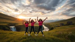 a group of young ladies in sports pants and blouse are dancing to camera in high grassy hills,a small fall and river and wild flowers at river sides, some village house,cloudy sun set sky