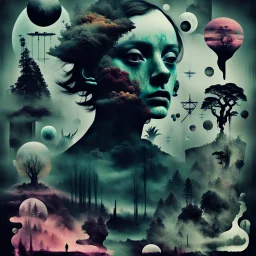 digital collage of various images and elements, such as animals faces, shadows, planets, fog, abstract symbols, mist, plants, maps, weird things, poison. The collage is composed of distorted and glitched shapes and layers, creating a sense of confusion and horror. Deep, dark colors, surreal mood, The images and elements are related to the themes of surrealism, paranoia, thriller and conspiracy, nightmare.