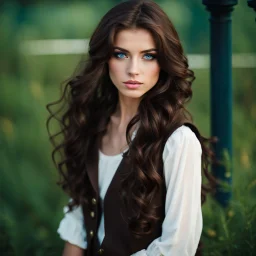 pretty18 year old girl with long wavy chocolate brown side swept hair. Blue eyes. wearing a vest. dark romance fantasy