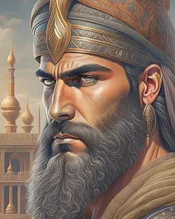 Mesopotamian warrior, expression serious, aura, portrait, background Mesopotamian city, comic style, long beard,