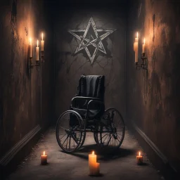 Hyper Realistic wheelchair on a satanic pentagram with candles in between of a dark hallway with peeling vintage wall paint at night