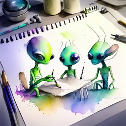 create some aliens doing daily task work, watercolour painting