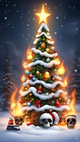 Christmas tree snow , Merry-x-mas decoration, tree, cartoon, Undertaker, fire and smog, Skull