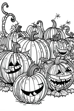 A spooky pumpkin patch with Jack-o'-lanterns of different sizes and expressions.. Outline, sketch style, only use outline, mandala style, clean line art, white background, no shadows, no clear wall, coloring page.