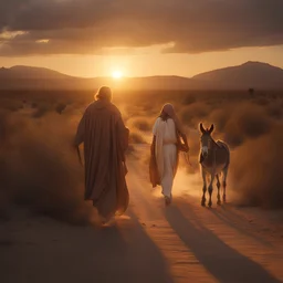 AN EXTREMELY REALISTIC IMAGE OF A man wearing a brown tunic is walking beside a donkey, A pregnant virgin Mary is riding the donkey, they are travelling in the desert in crepuscular lighting, sun is setting, zeiss lens, ultra realistic, f/8.5, 10mm Lens" Neo photographic pictorialism style.8k octane render, HDRI,