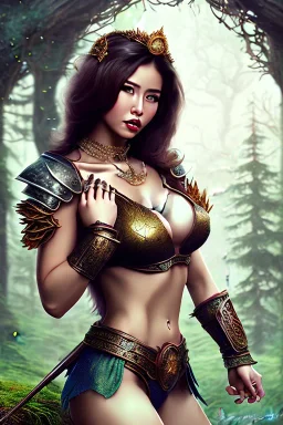 asian milf, bodybuilding, brunett short hair, warrior princess, forest, nacht, märchenschloss auf hügel, große oberweite, corsage, necklace, fantasy art