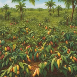 A field of mango trees in bright colors