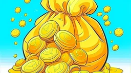 fantasy cartoon style illustration: golden coins in a sack