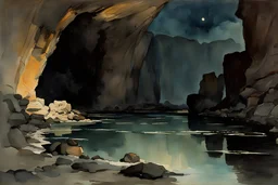 Night, rocks, cliffs, puddle, mountains, sci-fi, fantasy, very epic, winslow homer watercolor paintings