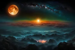 Moon Eclipse Season, fog, blue-yellow-orange-green-pink colors space-universe, with nebula, planets and stars, energy, molecular, textures, iridescent and luminous scales, breathtaking beauty of space, pure perfection, divine presence, unforgettable, impressive, breathtaking beauty of the universe, volumetric light style by Jeremy Mann. Spartak Mukanovski, vanishing point, super highway, digital painting, , Miki Asai photography, close-up, hyper detailed, sharp focus, intricate details, by greg