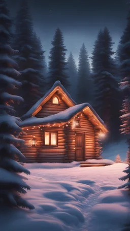 one winter log cabin in the woods pine forest trees snowy night colored garlands