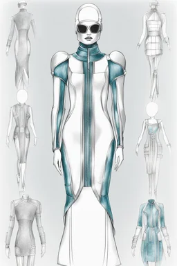 fashion illustration, draw sketches, overall from silver threads, microchip fashion, dress of the future, sci-fi dress