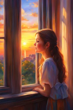 a girl looking out a window at the sunset, girl watching sunset, realistic cute girl painting, smiling girl, photorealistic anime girl render, looking at sunset, looking out at a sunset, cgsociety 9, beautiful character painting, portrait anime girl, beautiful anime portrait, photorealistic disney, by Victor Nizovtsev, sunset illustration