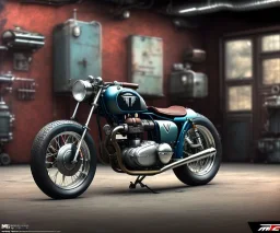 technical design study, oldschool 1960s triumph bobber bike, ratrod style, short tailpipe, stylized garage interior background, hdr, uhd, 8k, dof, center camera, perspective view, pivot on triumph, by paul meijering