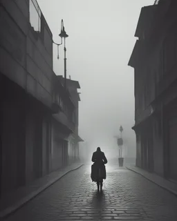 Dark street life creepy fog colours strong texture ombre all'ingresso nightmare 8k artistic Photography volumetric light, Yves Tanguy