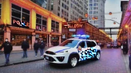 A police Tesla Cybertruck is chasing a Tesla 'Model S Plaid' at top speed, across the 'Pike Place Market', in Seattle. CINEMATIC. WIDE ANGLE LENS. PHOTO REAL.