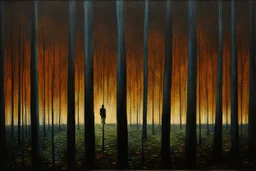 Trees, night, one person, 2000's sci-fi movies influence, ludwig dettman and willem maris impressionism painting