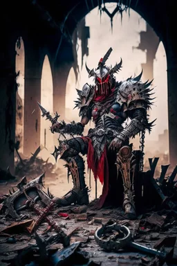 metal maden male chaos warrior of khorne in armor is holding a great sword in a ruined post-apocalyptic city, sci-fi, fantasy, horror, skulls on the ground, blood, Tornado, Roman, Empty chairs,Tangled roots,Key, Warped,Mangled,Ethereal, (Isolation:1.1), (Glaze:1.1), (Reflected light:1.2), Glass, Polygon, ultra detailed, intricate, oil on canvas, dry brush, (surrealism:1.1), (disturbing:1.1), trending on artstation, sharp focus, studio photo, intricate details, highly detailed, by greg rutkowski,