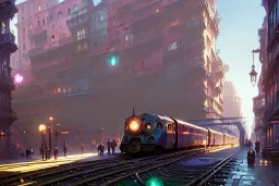 Elevated Train pass+train corner building+colorful genoa street+Italian medieval town+Italian city sea+alphonse mucha, greg rutkowski,matte painting, cryengine, hyper detailed, felix kelly, fantasy art, seb mckinnon